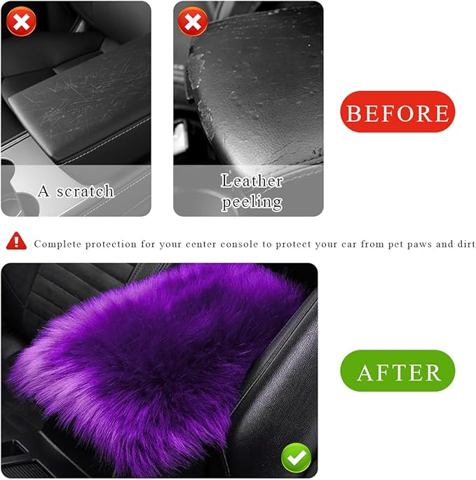 Car Center Console Cover Pad, Fluffy Middle Console Pad Armrest Seat Box Cover, Universal Furry Arm Rest Decoration Protector for Car Truck SUV, Interior Car Accessories (Purple)