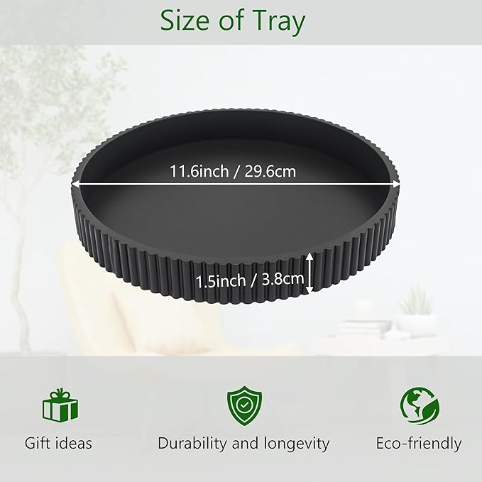 Round Decorative Tray for Coffee Table Decor, 11.8in Black Decorative Serving Tray for Kitchen Counter,bandejas decorativas, Wooden Serving Tray for Party