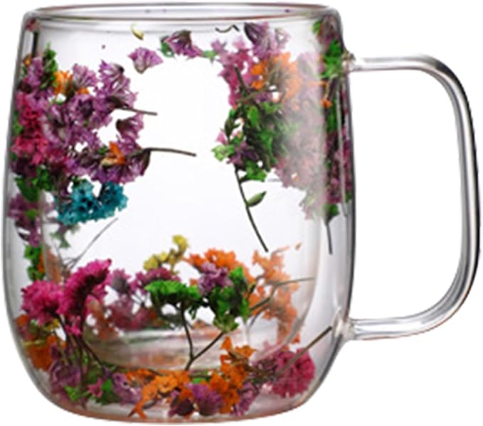 Dried Flowers Insulated Glass Double Wall Coffee Mug With Handle 250ml/390ml Transparent Double Glases Flower Tea Cup Latte Coffee Cup Borosilicate Glass Tea Mug