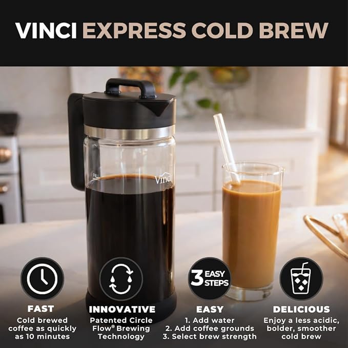 VINCI Express Cold Brew, Electric Cold Brew Coffee Maker in 10 minutes, 3 Brew Strength Settings & Cleaning Cycle, Easy to Use & Clean, Glass Carafe (2.0 Liters / 68 Fl.oz) Capacity