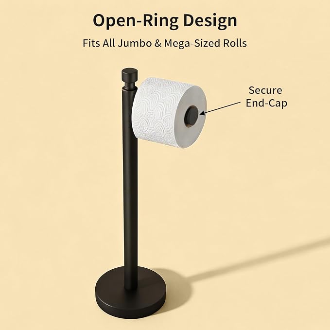 YUMORE Toilet Paper Holder Stand, 4.4lbs Heavy Duty Stainless Steel Free Standing Bathroom Tissue Roll Holder, Matte Black