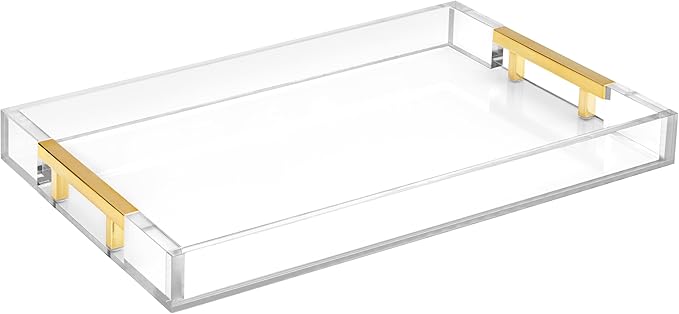 Modern 16"x12" Rectangle Acrylic Lucite Plastic Decorative Serving Tray with Gold Polished Stainless Steel Metal Handles Home Decor Ottoman Coffee Table Makeup Perfume Display Vanity By Home Redefined