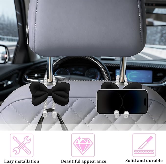 Car Seat Headrest Hook, 2PCS Elegant Bow Pearl Cute Vehicle Back Seat Hanger Hook, Automotive Headrest Storage Organizer for Handbag Purse Coat, Universal for SUV RV Truck (Black)