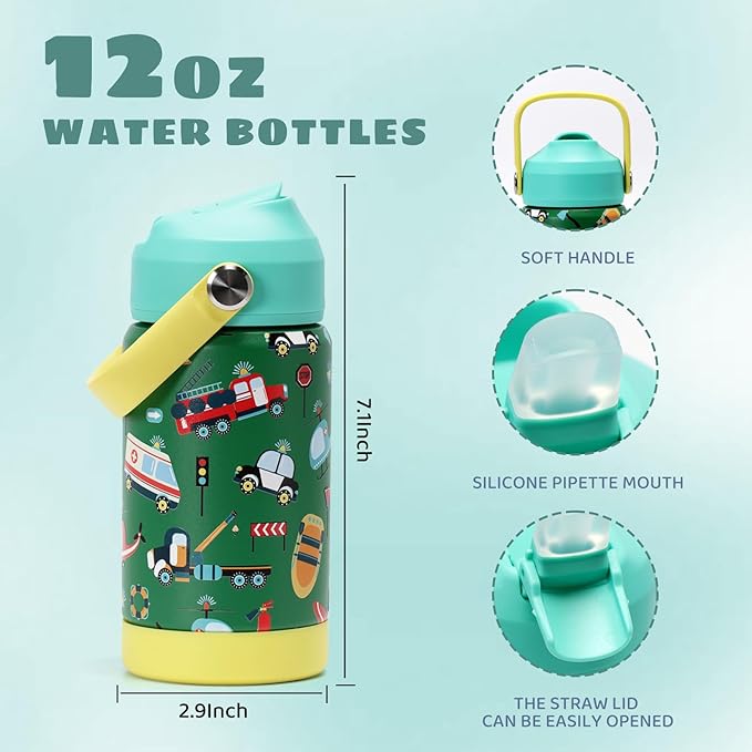Kids Insulated Water Bottle with Straw Lid, 12 oz BPA-FREE Double Wall Vacuum Tumbler 18/8 Stainless Steel Leak Proof Kids Cups with Straw for School Travel Boys Girls (Car)