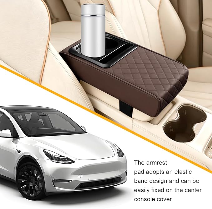 Car Center Console Armrest Pillow, Leather Vehicle Middle Console Protection Cushion with Cup & Phone Holder, Waterproof Automotive Arm Rest Box Cover, Universal Fit (Coffee Rhombus)