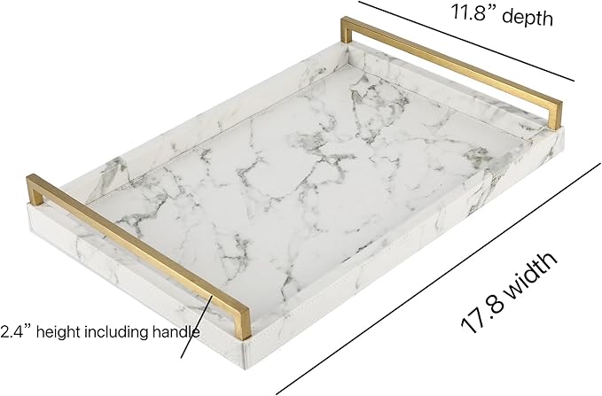 WV 17.8 * 11.8" White PU Leather Marble Finish Decorative Tray Serving Tray with Brushed Gold Handle for Coffee Table, Console Table, Ottoman