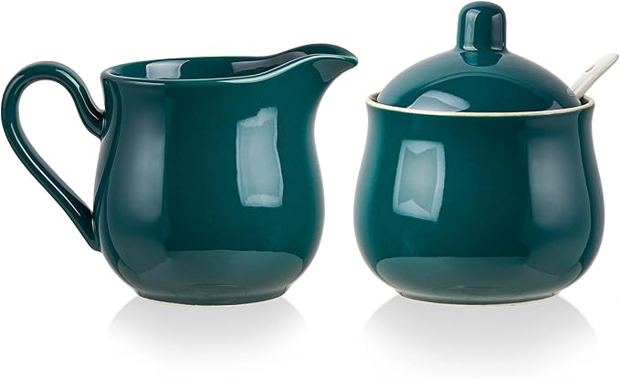 12 OZ Ceramic Sugar and Creamer Set, Coffee Serving Set, 3 Piece Cream Pitcher Sugar Bowl with Lid and Spoon (Dark Teal)