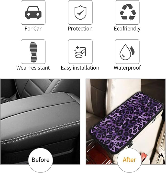 Center Console Armrest Cover Purple Leopard Print Car Accessories Cushion Protector Pads Cheetah Animal Arm Rest Cover Scratch Resistant Center Console Covers