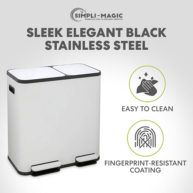 Simpli-Magic 70 Liter / 18.5 Gallon Rectangular Hands-Free Dual Compartment Recycling Kitchen Step Trash Can with Soft-Close Single Lid, Stainless Steel (40L x 30L Capacity), White