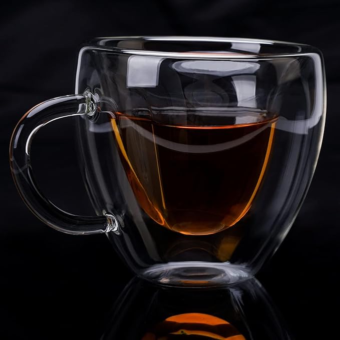 Heart Shaped Double Walled Insulated Glass Coffee Mugs or Aesthetic Tea Cups, Double Wall Glass 8 oz, Clear
