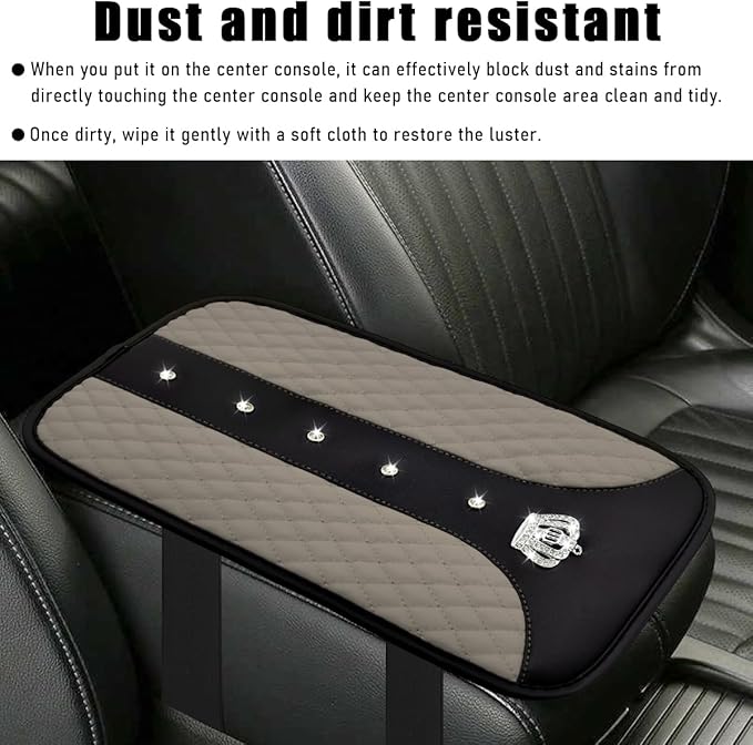 Bling Crown Car Center Console Mats, Anti-Slip and Waterproof Crystal Car Armrest Pad Protector, Universal Rustproof Armrest Decor Cushion for Cars & SUVs, Car Accessories (Gray)