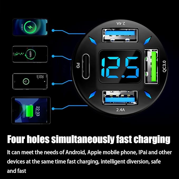 4 Ports USB Car Charger, 66W Super Fast Charging with QC 3.0, PD 20W and USB 2.4A Charger Adapter, Quick Charge with LED Voltmeter, Auto Cigarette Lighter Plug (PD20W+QC3.0+2.4A, 1PCS)