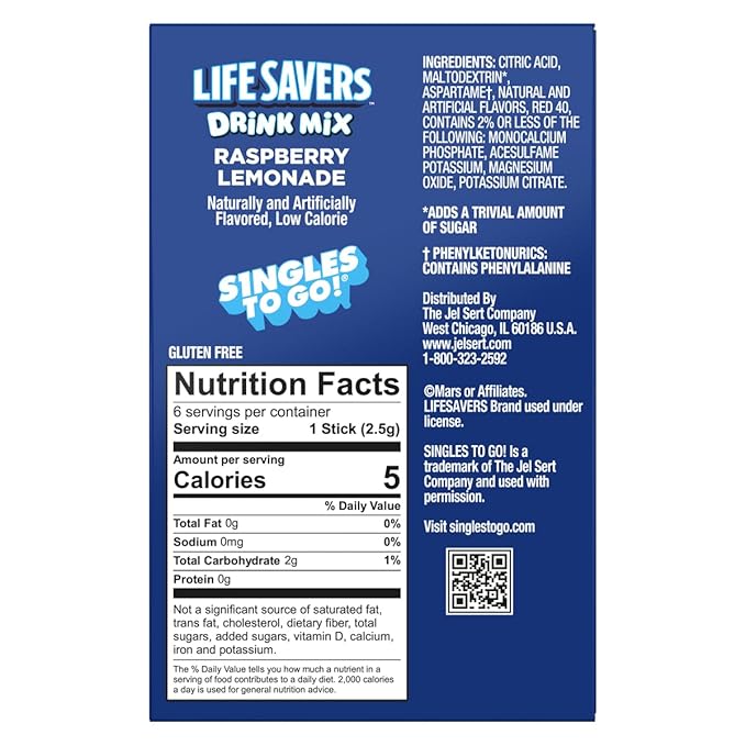 Life Savers Raspberry Lemonade Drink Mix - Pack of 6-6 Sticks Per Box - 36 Total Servings - 2 Flavors in 1 - Powdered Drink Mix