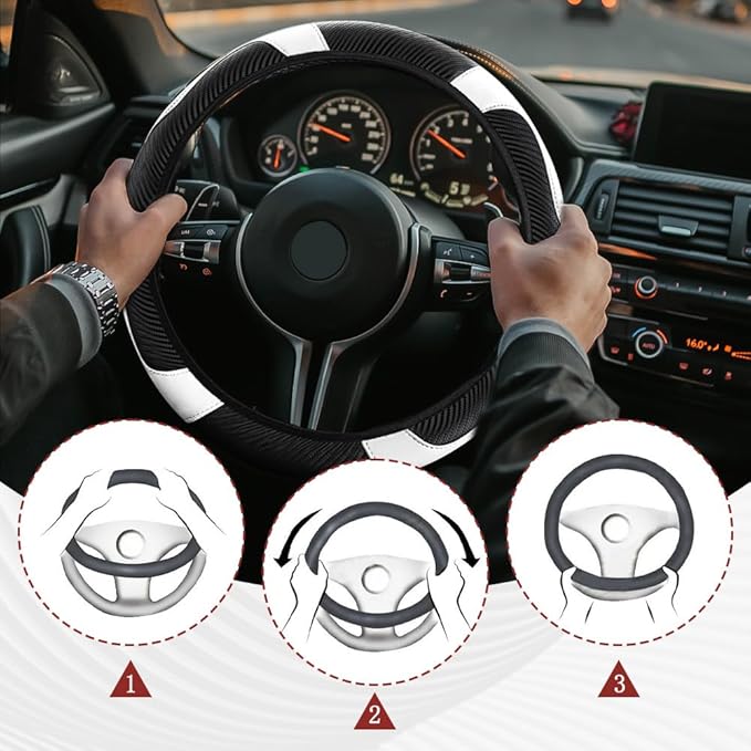 Car Steering Wheel Cover, Steering Wheel Protector, Universal 14.5-15 Inch Microfiber Leather Breathable Auto Steering Wheel Covers, Carbon Fiber Steering Wheel Cover for Women Men (White)