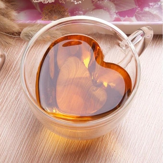 Heart-Shaped Double Wall Glass Coffee Mugs, 6oz/180ml Set of 4, Insulated Espresso Cups with Handles for Espresso, Macchiato, Stylish Coffee Mugs