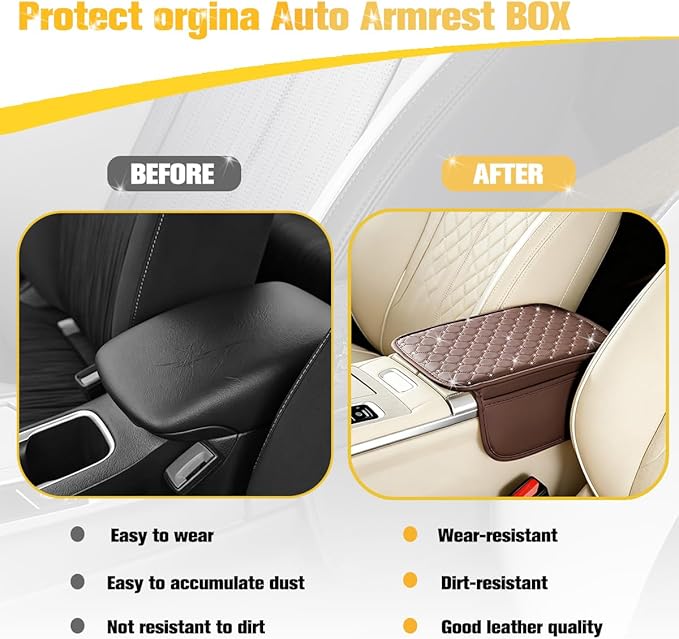 Car Center Console Cover, Leather Vehicle Armrest Storage Box Protector with 2 Storage Bags, Automotive Interior Middle Console Cushion Pad, Universal for SUV Sedan Truck (Coffee)