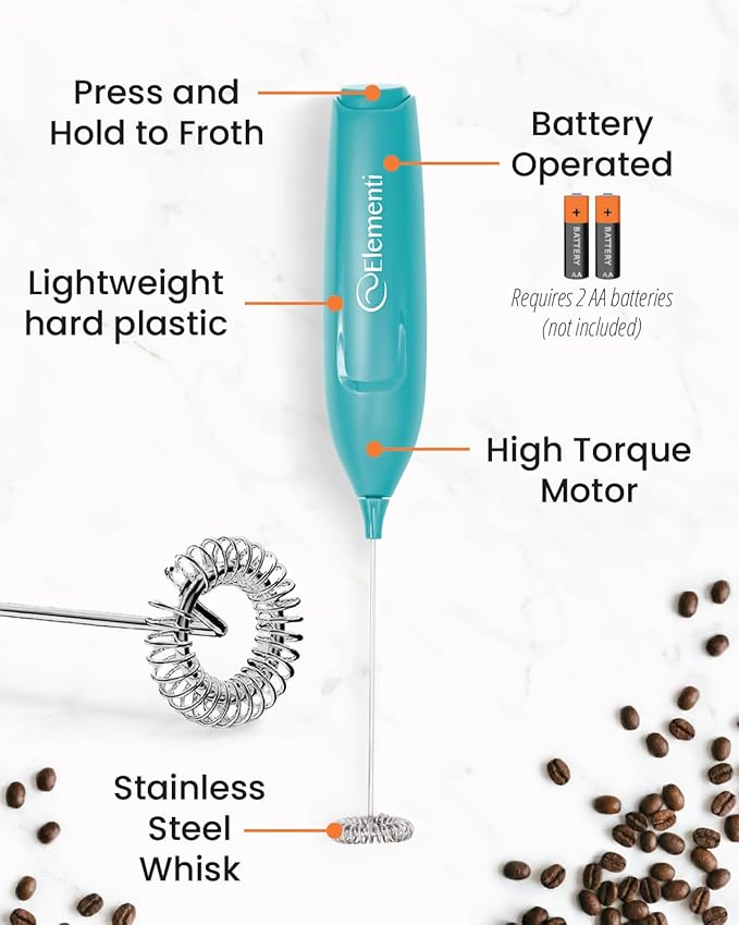 Elementi Powerful Frother Wand – Lightweight Milk Frother & Drink Mixer Handheld, Matcha Whisk for Dreamy Lattes, Powerful Coffee Mixer Wand & Blender Stirrer - Make Creamy Cappuccinos at Home (Teal)
