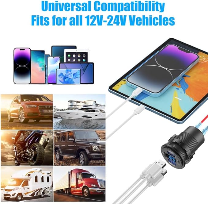 12V USB C Outlet Marine USB Charging Port for Car, Dual Quick Charge 3.0 & PD 3.0 Car Charger Socket with Button Switch and Voltmeter, Cigarette Lighter Replacement DIY Kit for 12V/24V Vehicles