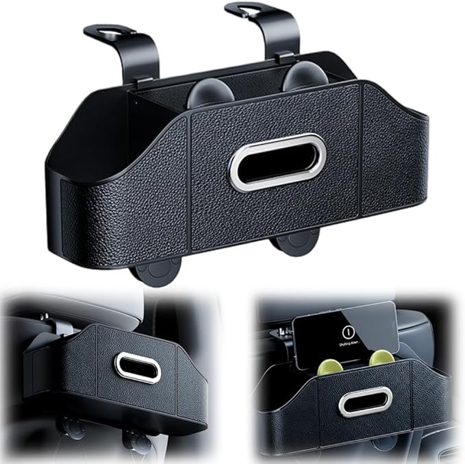 Multifunctional Car Back Seat Storage Organize with Tissue Holder, 2 Cup Holders and Purse Hooks, For Phones, Snacks, Drinks, Bags, Travel Storage (Black)