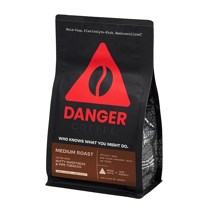 Danger Coffee by Dave Asprey, Remineralized, Mold Free & Lab Tested Ground Healthy Coffee, Medium Roast, 10.9 Ounce