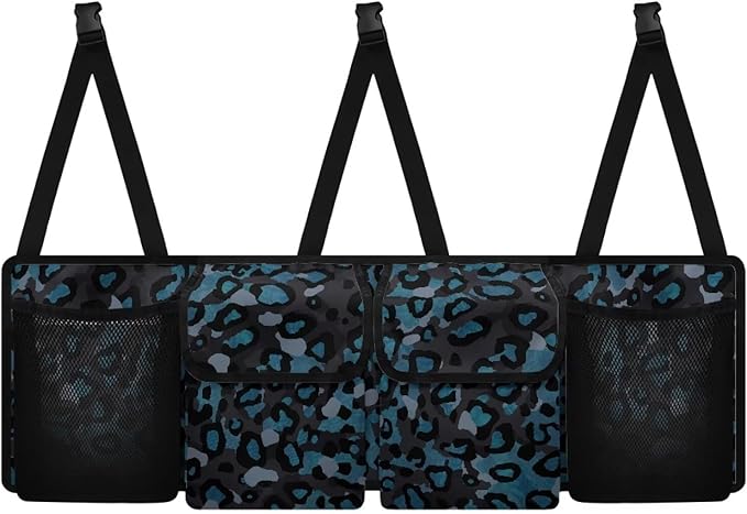 Blue Leopard Backseat Trunk Organizer Waterproof Hanging Car Storage Bag with 4 Pockets & Buckle Straps, Universal Fit Automotive Accessories for SUV Truck Van