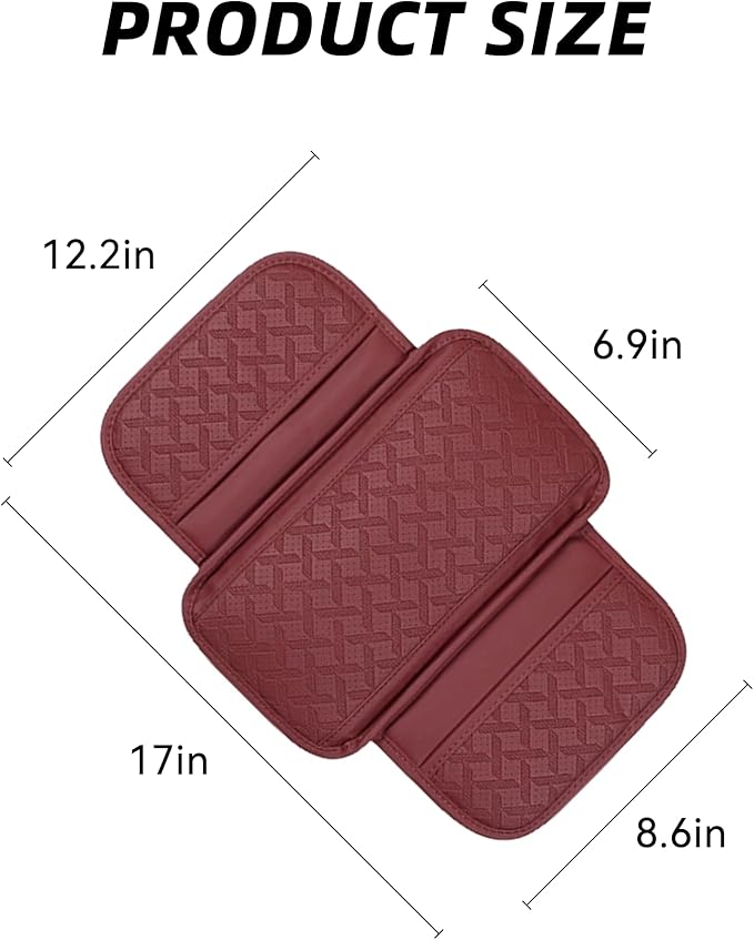 Car Armrest Cushion, Leather Soft Vehicle Center Console Cover with 2 Storage Bag, Breathable Automotive Interior Arm Rest Protection Pad Accessories, Universal for SUV Sedan Truck(Wine Red)