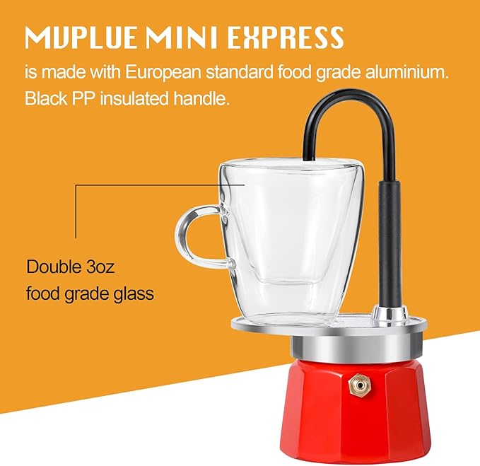 MVPLUE-Mini Express Swiss Single Tube Moka Pot Aluminum Red，Moka Set includes One Double Wall 3oz Cup,Enjoy delicious coffee in no time
