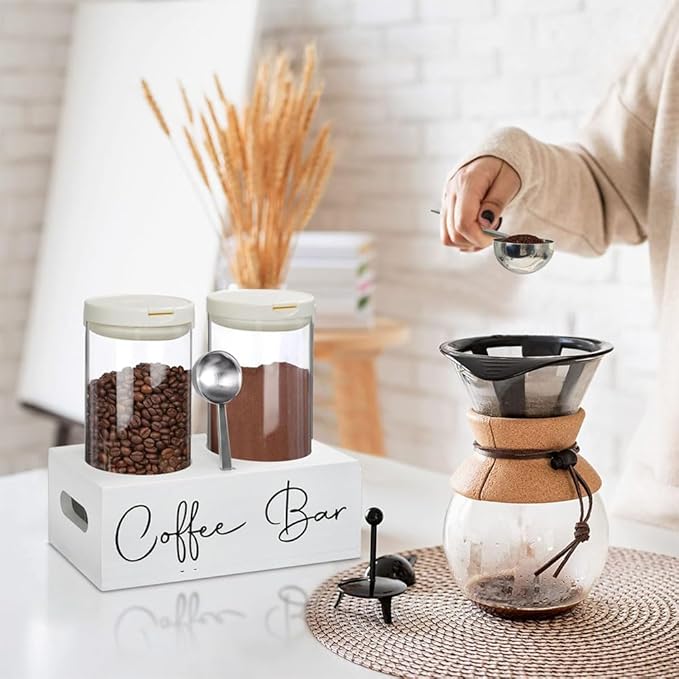 Glass Coffee Containers with Shelf & Scoop, 2 Pcs 48OZ Coffee Storage Jars with Airtight Lid for Coffee Beans, Coffee Powder, Nuts, Snack, Sugar, Tea,White