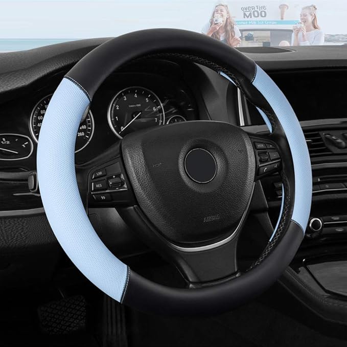 Universal 15Inch Car Steering Wheel Cover Colorful Leather Steering Wheel Cover Black-Blue Cute Steering Wheel Protector (Blue-B)