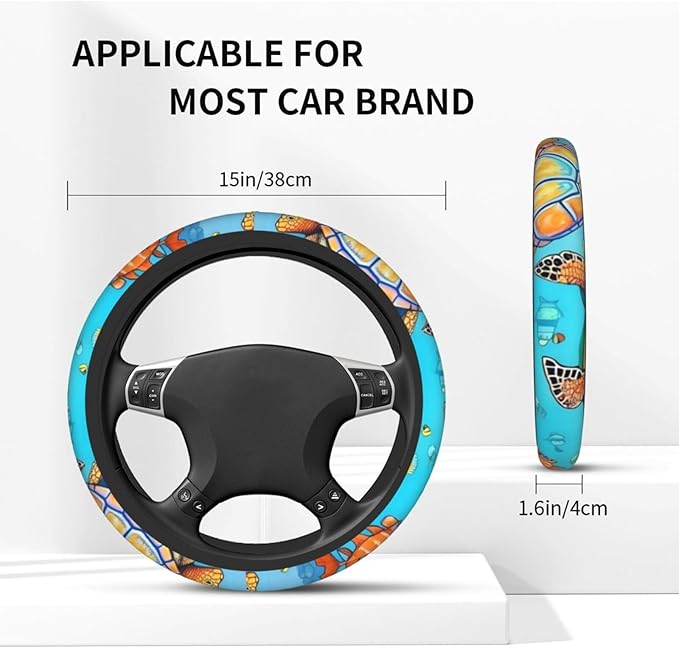 Turtle and Fish Steering Wheel Cover. Car Decor,Anti-Slip,Sweat Absorption,Easy Carry, Universal 15 Inch, 11103