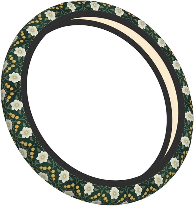 White Green Flowers Floral Neoprene Steering Wheel Covers Women Men Car Accessories, Universal 15 Inch Fit Auto, Suvs, Truck
