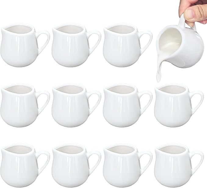 12 Pack 3 Oz Mini Ceramic Creamer Pitcher, Small Porcelain Syrup Pitcher Coffee Creamer Dispenser with Handle for Milk Sauce Coffee Tea Salad Dressing Cream, White