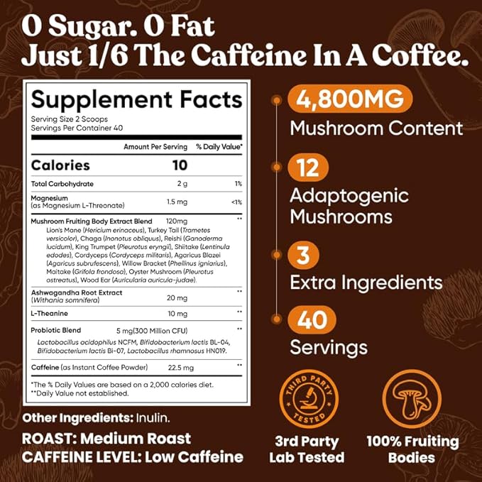 Venture Pal 4800mg Mushroom Coffee with 12 Adaptogenic Mushrooms, Lion's Mane, Cordyceps, Turkey tail, Reishi, Ashwagandha & Probiotics, Instant Coffee for Focus, Digestion & Immunity