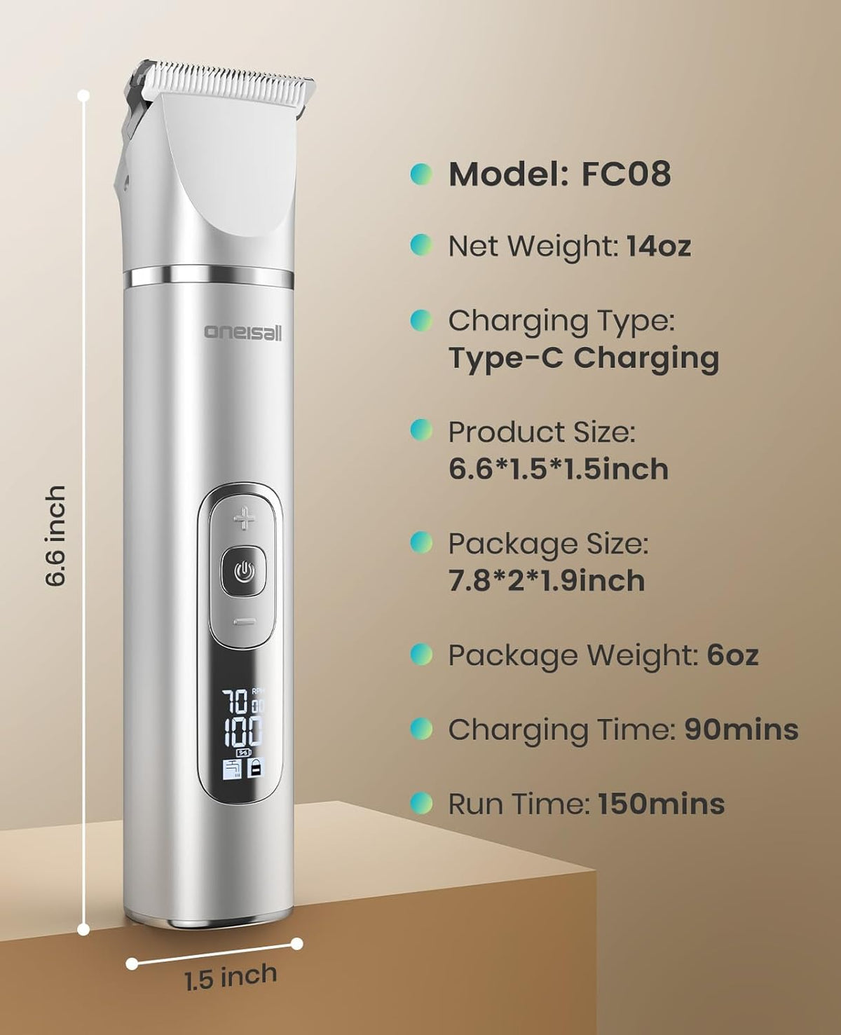 oneisall 4 in 1 Dog Grooming Kit with LCD Display, Dog Hair Trimmer for Paw Nail Grinder, Rechargeable Cordless Low Noise IPX7 Waterproof Pet Clippers