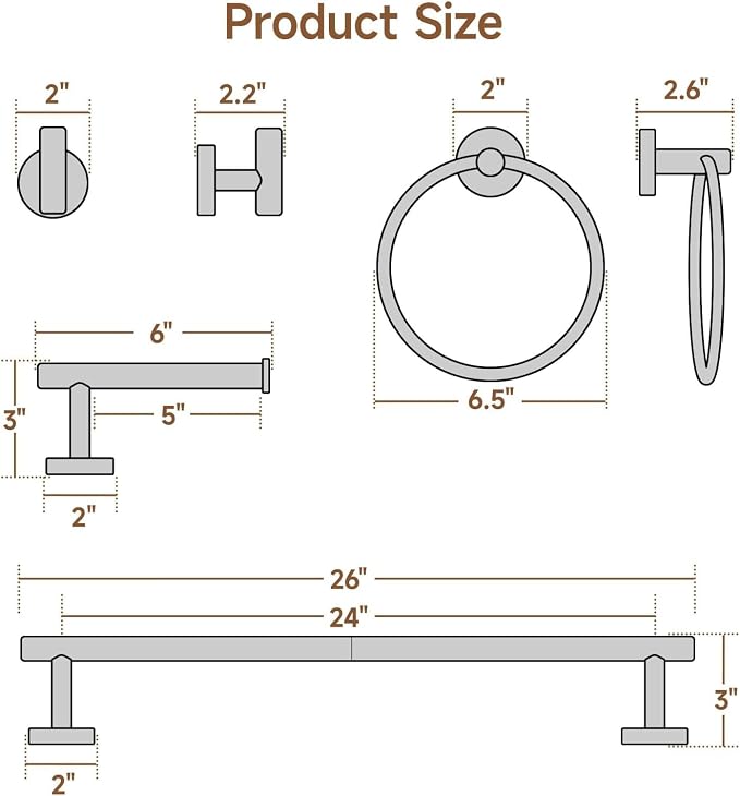 USHOWER Brushed Gold Bathroom Accessories Set, 24-Inch Towel Bar Set Wall Mounted, Durable SUS304 Stainless Steel Bathroom Hardware Set, 4-Piece