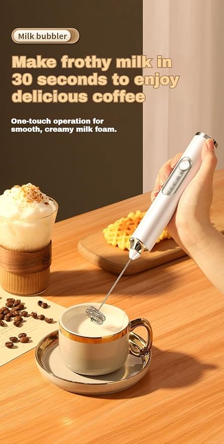 Handheld Milk Frother Wand 3-Speed,Electric Whisk Drink Mixer for Coffee,Milk,Cream,Lattes,Usb Charging with 2 Heads,Coffee Enthusiasts Gift-White