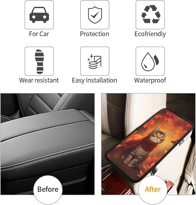 Universal Car Center Console Cushion Pad, Autumn Maple Leaf Cat Soft Waterproof Car Center Console Cover Auto Armrest Seat Box Cover Protector for Most Vehicle SUV Truck Car