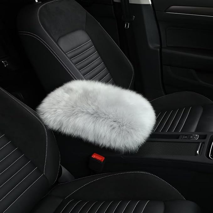 Wool Car Center Console Cover,Universal Fluffy Sheepskin Car Armrest Pad,Car Interior Accessory for Women Men,Armrest Cover Protector for Cars,Vehicles,SUV Grey