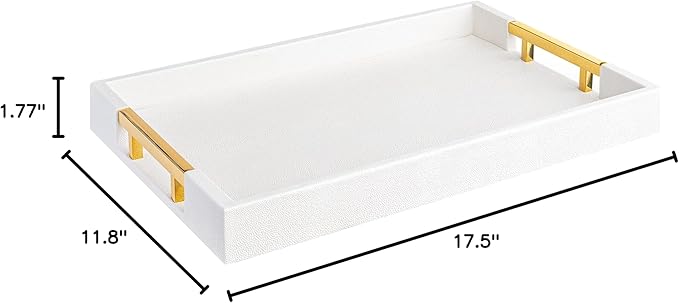 Modern Elegant 17.5"x12" Rectangle Glossy Faux Leather Shagreen White Decorative Serving Tray with Gold Polished Metal Handles for Ottoman Coffee Table Perfume
