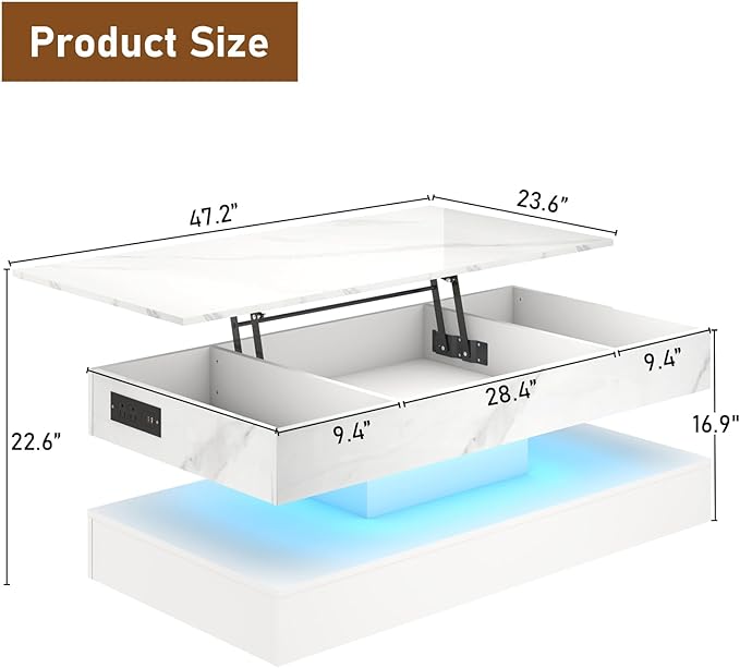 47.2" Large Lift Top Coffee Table, Modern LED High Glossy Coffee Table with Charging Station, Lights, Hidden Compartment Storage, Lift Center Tables for Living Room, Home Office, White