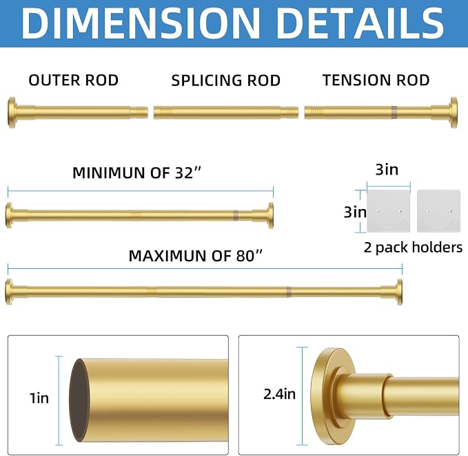 CorkLatta Gold Shower Curtain Rod,1 Inch Diameter Stainless Steel Adjustable Spring Tension Rods 32 to 80",with Holders,Anti-Slip,Curtain Rods No Drilling(1 Pack)