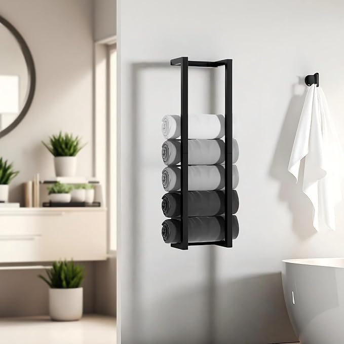 Towel Racks for Bathroom,VIDA-ZONE 304 Stainless Steel Towel Storage Racks for Rolled Bath Towels Can Hold 6-8 Large Towels,Wall Mounted 30 Inch Towel Organizer for Small Space Black Towel Holder