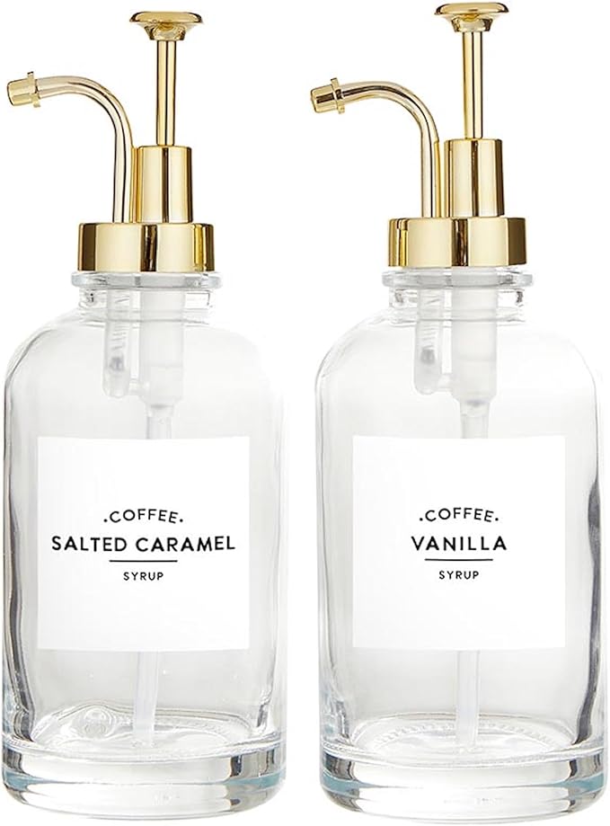 Santa Barbara Design Studio Coffee Bar Gifts Glass Syrup Dispensers, Set of 2, Clear Glass/Gold