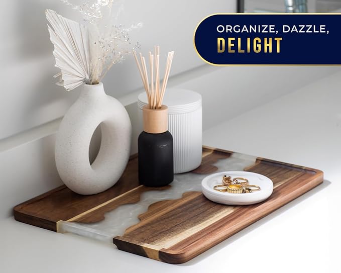 Comfify Visually Stunning Pearl White Resin + Acacia Wood Serving Tray - Modern 12x16 Serving Tray for Food, Breakfast in Bed, Coffee Table, Decor, Organization, Snacks, Patio, Lap Tray