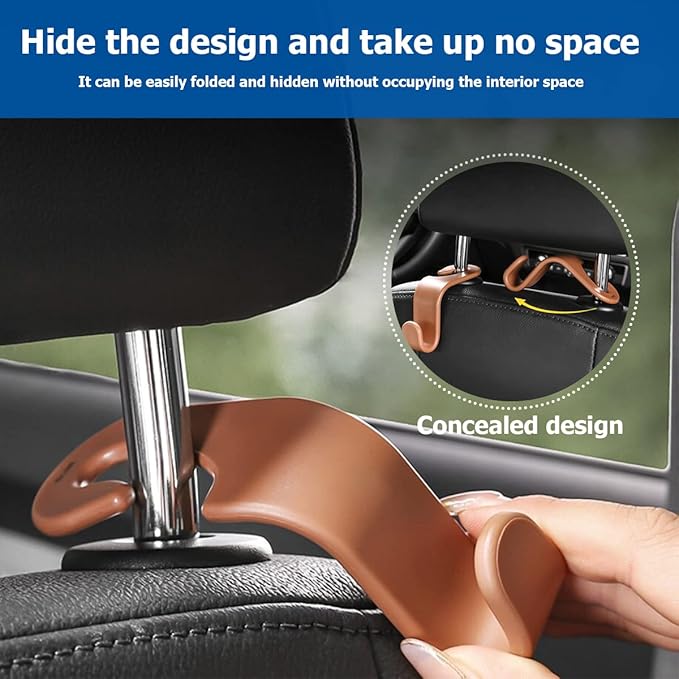 Car Back Seat Headrest Hooks, 4PCS Vehicle Backseat Storage Organizer Hanger, Multifunctional Auto Headrest Hidden Hook Universal for Handbag Purse Backpacks Bags and Groceries (Brown)
