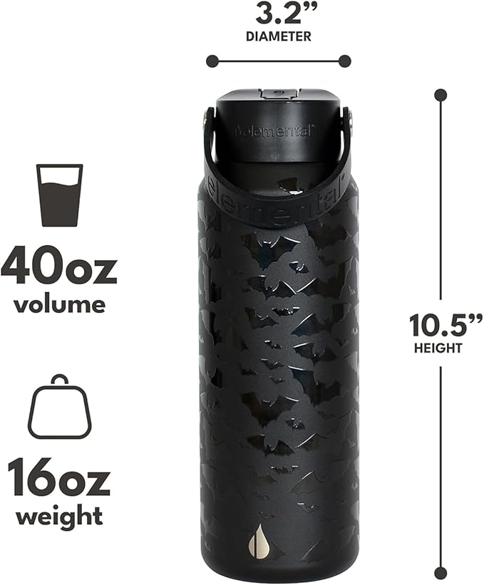 Elemental 40oz Insulated Water Bottle with Straw - 100% Leak-Proof Stainless Steel Core Water Bottles for Travel, Sports and Gym - Double Wall Insulation & BPA Free - Night Flight