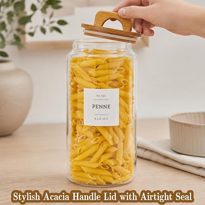 2 Pack Large Glass Flour and Sugar Containers with 132 Pantry Labels - 105 FL OZ Glass Canisters with Bamboo Airtight Lids - Farmhouse Kitchen Glass Pantry Jars for Cookie, Rice, Pasta, Cereal, Salt