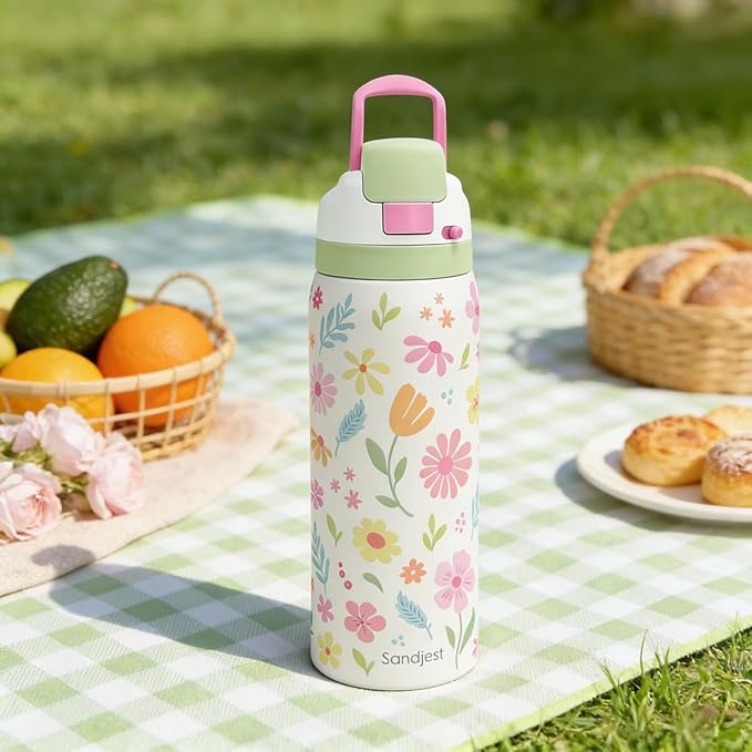 Floral Stainless Steel Water Bottle, Vacuum Insulated, Push-Button Lid, 32 oz, Gifts for Women Girls Friends Teens Birthday Christmas