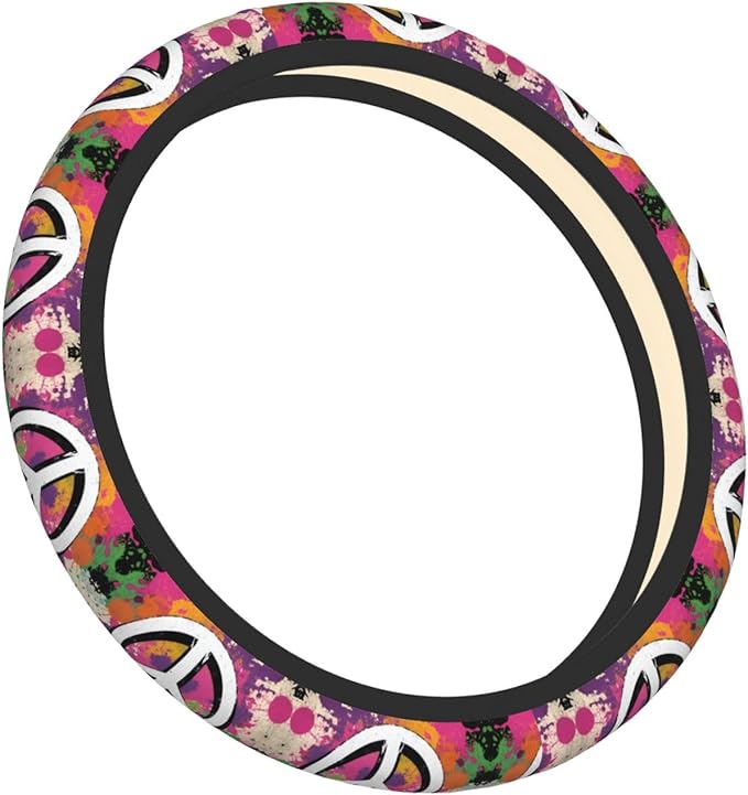 Colorful Art Peace Sign Neoprene Steering Wheel Covers Women Men Car Accessories, Universal 15 Inch Fit Auto, Suvs, Truck