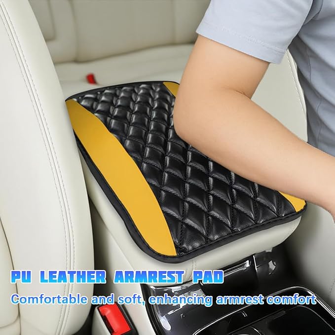 Car Center Console Cover, Comfortable PU Leather Vehicle Armrest Storage Box Cushion Pad, Anti-Scratch Automotive Interior Arm Rest Cover Protector, Universal for Truck SUV Sedan (Yellow)